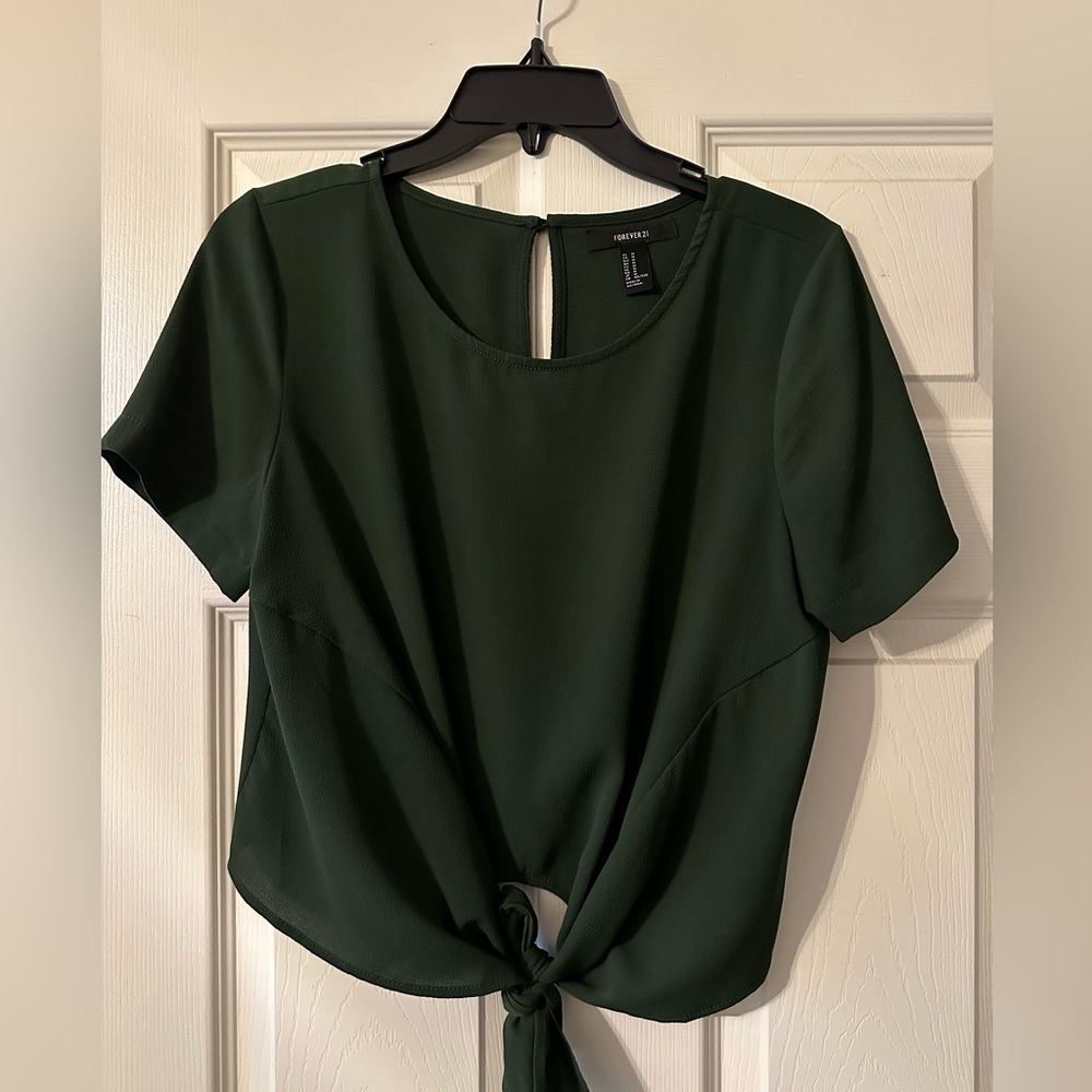 Olive green lightweight shirt sleeve top with front tie